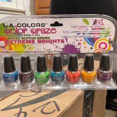 L.A. Color Craze Nail Polish. Limited Edition. Extreme Brights. Toluene, Formaldehyde & Dbp Free. New In Package. La Colors, Nail Polish Colors, A Color, Nail Polish, Limited Edition, Shades, Packaging, Nails, Color