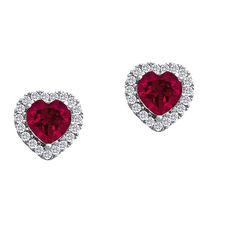 5MM Heart Shape Ruby and White Sapphire Birthstone Halo Stud Earrings in 10KT White Gold Valentine's Day Formal Heart Gemstone Earrings, Formal Birthstone Earrings For Valentine's Day, Formal Heart-shaped Birthstone Earrings, Valentine's Day Heart Gemstone Earrings, Anniversary Heart Cut Sparkling Stone Earrings, Birthstone Earrings For Valentine's Day, Gemstone Heart Earrings For Valentine's Day, Valentine's Day Cubic Zirconia Gemstone Earrings, Valentine's Day Round Gemstone Heart Earrings