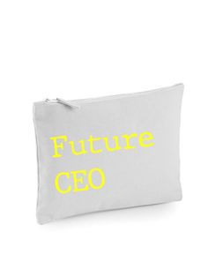 a white zipper bag with the words future geo printed on it, in yellow letters