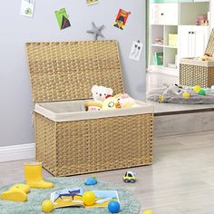 a child's room with toys in the basket and on the floor next to it