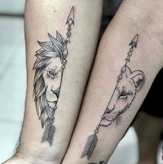 two people with tattoos on their legs, one has a lion and the other has an arrow