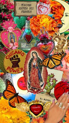 a woman's hand is touching the top of a collage of mexican symbols