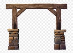 a wooden arch with two stone pillars in the center, on a transparent background png