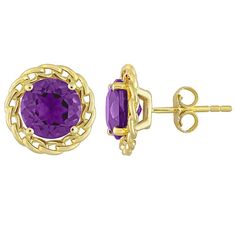 Accessorize with sparkling style when you wear these Stella Grace 18k gold over silver amethyst halo link stud earrings. Accessorize with sparkling style when you wear these Stella Grace 18k gold over silver amethyst halo link stud earrings. Nickel free Metal: sterling silver Backings: post Packaging: boxed Plating: 18k gold flash plated Finish: polished Diameter: 5.7 mmSTONE DETAILS Stone type: amethyst Total weight: 3 3/4 ct. Shape: round Setting: prong Gemstones may have been treated to enhan Gold Amethyst Jewelry With Halo Setting, Yellow Plates, Dazzling Earrings, Halo Stud Earrings, Amethyst Studs, Halo Earrings Studs, Amethyst Stone, Amethyst Gemstone, Elegant Earrings