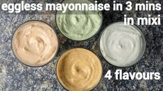 four different types of mayonnaise in small bowls on a granite surface with text overlay