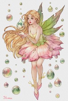 a watercolor painting of a fairy sitting on bubbles