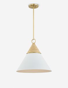 a white and gold light hanging from a ceiling fixture with a wooden cone on the top