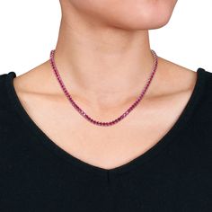 Simple and elegant, this slender lab-created ruby tennis necklace adds a sophisticated and eye-catching pop of color to your look. Crafted in sterling silver, this accessory features a glistening row of 100 lab-created ruby gemstones in a deep and alluring red hue. This slender necklace is perfect worn alone or layered with your favorite pieces. | Ruby Tennis Necklace | Sterling Silver | White | Size 17" | Helzberg Diamonds Ruby Tennis Necklace, Engagement Necklaces, Helzberg Diamonds, Ruby Necklace, Tennis Necklace, Ruby Jewelry, Necklace Sterling Silver, Dainty Necklace, Chain Link Necklace