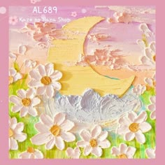 a painting with flowers and a moon in the sky