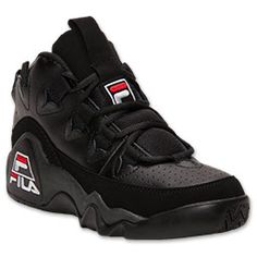 Men's Fila 95 Retro Basketball Shoes | FinishLine.com | Black/White/Fila Red Hip Hop Sneakers, Grant Hill, Retro Basketball Shoes, White Basketball Shoes, Retro Basketball, Fila Shoes, Color Ways