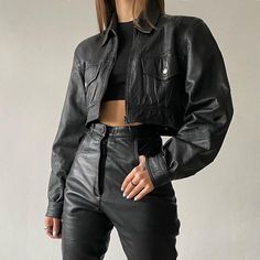 Black Short Leather Jacket, Female Leather Outfit, Puffy Leather Jacket, Badass Outfits For Women Mafia, Leather Jacket Drawing Reference, Spy Outfit Women, Short Womens Jacket, Women Biker Outfits, Motorcycle Outfits For Women