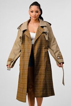 Experience pure luxury with this stunning plaid and khaki trench coat. This high-quality coat is designed to perfection with a length that falls just right and a comfortable, true-to-size fit. The long-sleeved design, complete with a collared neckline and signature hook-and-eye collar closure, will keep you cozy all day long. Don't miss the unique back cutout detail that adds a touch of elegance. Made with 100% polyester fabric, this non-stretch coat is both stylish and practical. Machine washab Plaid Trench Coat, Khaki Trench, Khaki Trench Coat, Khaki Color, Color Contrast, Mens Accessories Fashion, Plus Dresses, Womens Plaid, Set Dress