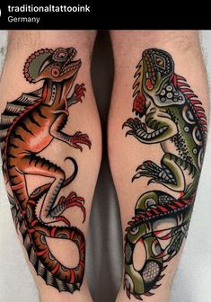 two tattoos on the legs of people with different colored lizards and dragon tattoo designs on them