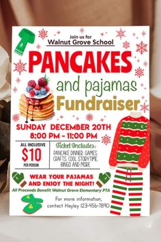 Gear up for a flapjack-filled fiesta in your PJs! Our pancakes and pajamas fundraiser flyer editable template is the key to the coziest Christmas fundraiser around. Whether it's a school fundraiser event or a holiday extravaganza, this customizable flyer has you covered from pancakes to pajamas. Personalize the text with your details and hit print. Grab your editable template now and let the pancake party planning begin! Pancake Breakfast Fundraiser, Fundraiser Ideas School, Fundraiser Poster, Christmas Fundraiser, School Fundraising Events, Pta Fundraising, Pancakes And Pajamas, Church Fundraisers, Gingerbread House Parties