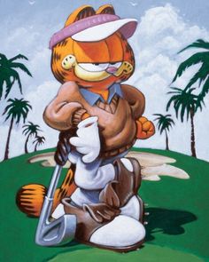 a painting of a cat holding a shovel and digging in the ground with palm trees behind it