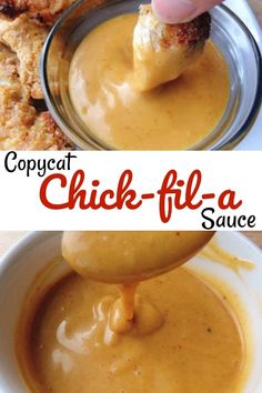 a person dipping sauce into a bowl with chicken wings in the background and text overlay that reads, copycat chick - fi - a sauce