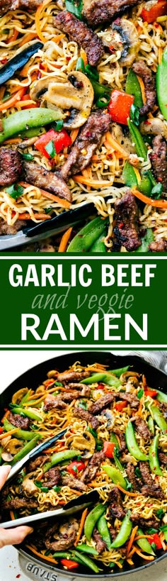 garlic beef and veggie ramen in a pan