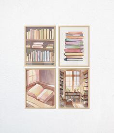 there are four pictures with books in them on the wall and one has a window