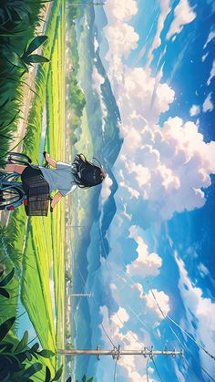 an anime scene with two people standing on the grass and looking at something in the sky