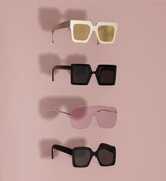 five pairs of sunglasses on a pink background