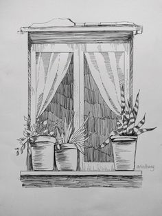 a drawing of an open window with potted plants