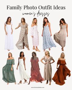 women's dresses from different styles and colors are featured in the article family photo outfit ideas