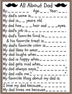 a father's day poem with mustaches on the page and text that says, all about dad