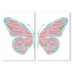 two pink and blue butterfly paintings on white wall art printable canvases set of 2