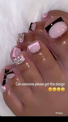 French Toe Designs, Black Pink And Gold Nails, Black French Tip Toes With Rhinestones, Pink And Black Pedicure, Black And Pink Toe Nails, Acrylic Toes With Rhinestones, Black And Gold Toe Nails, Black Toe Nails With Design