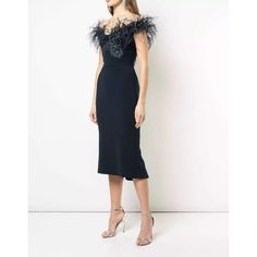 $3k Marchesa Navy Blue Ostrich Feather Beaded Off Shoulder Fluted Hem Dress Size: 8 Brand New With Partial Tag/Extra Beads. Blue Feathered Evening Dress, Blue Feather Evening Dress, Elegant Blue Feathered Dress, Elegant Blue Dress With Feathers, Elegant Blue Dress With Feather Trim, Luxury Feather Trim Dress For Evening, Luxury Feathered Formal Dress, Luxury Feathered Dress For Formal Occasions, Elegant Party Midi Dress With Feather Trim