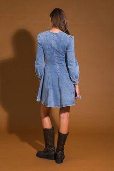 A washed denim mini dress with round neckline, long sleeve, skater skirt and back zipper closure Details: Self : 97% Cotton 3% Spandex Size & Fit - Model is 5`9" And Wearing Size Small- Measurements Taken From Size Small- Approx. Length: 34" Flying Tomato Dress, Flying Tomato, Denim Mini Dress, Washed Denim, Denim Mini, Sierra Leone, Guinea Bissau, Mozambique, Denim Wash