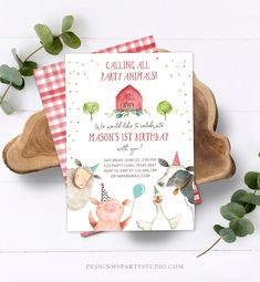 two farm animals are on the front and back of this barn birthday party card set