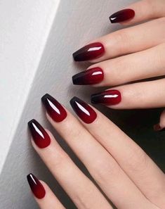 Cute Short Coffin Acrylic Nails Designs, Short Nails Acrylic Dark Colors, Red And Black Ombre Gel Nails, Red Matte And Glossy Nails, Black And Red Wedding Nails For Bride, Deep Red Ombre Nails, Black Snd Red Nail Designs, Hadestown Nails, Short Coffin Shape Nails Black