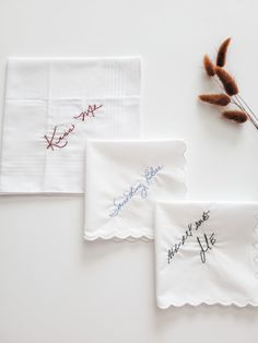 Turn your own handwriting into a custom embroidered handkerchief!You can select the handkerchief style, thread color and personalize your very own embroidered message, done in your handwriting! Each hankie comes with a luxury gift box for safe keeping.**Best results are achieved when the message is short and sweet. Please see the sample images for examples.Once you place your order, you will need to send me an image of your written message. You can email me at info@ellawinston.comThese custom ha Embroidered Text Cotton Handkerchiefs For Gifts, Cotton Handkerchiefs With Embroidered Text For Gift, Cotton Handkerchiefs With Embroidered Text As Gift, Embroidered Cotton Handkerchiefs As Gifts, White Handkerchiefs With Embroidered Text For Gift, White Handkerchiefs With Embroidered Text As Gift, Cotton Handkerchief With Machine Embroidery For Gift, Elegant Embroidered Handkerchiefs Gift, White Handkerchiefs With Custom Embroidery For Gift