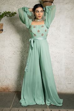 Green jumpsuit with sequin, bead, zari and thread embroidered buttis on the yoke and ribbon tie-up. - Aza Fashions Jumpsuit For Women, Jumpsuit Pattern, Green Jumpsuit, Jumpsuit Online, Ribbon Tie, Aza Fashion, Jumpsuits For Women, Types Of Sleeves, Custom Made