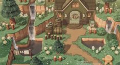 an aerial view of a small village in the game animal crossing, with animals and trees surrounding it