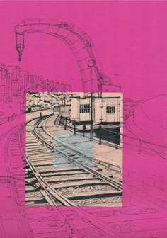 a drawing of a train track with buildings in the background and pink paper overlay