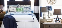 two pictures of a bedroom with blue and white decor