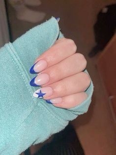 blue french tips | short length | y2k nails | almond | 2024 | star Short Almond Nails Designs Blue, Acrylic Nail Navy Blue, Short Almond Star Nails, Nail Ideas Sky Blue, Blue Star French Tip Nails, Nail Designs Blue Almond, Birthday Nails Stars, Almond Nails Star Design, Almond Simple Nail Ideas