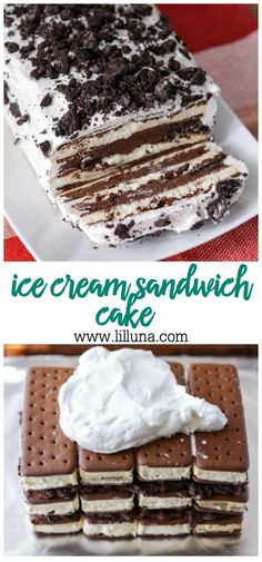 an ice cream sandwich cake with oreo cookies and whipped cream on top, in the middle