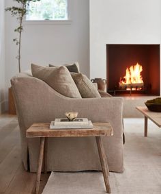 a living room with a couch, table and fire place in it's center