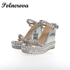 Luxurious Silver Rivet Wedge Espadrilles Shoes for Women Buckle Sandals Round Toe Platform Women Design Sandals, Espadrilles Shoes, Women Platform Shoes, Wedge Espadrilles, Buckle Sandals, Shoes Brand, Shoes For Women, Brand Design, Shoe Brands