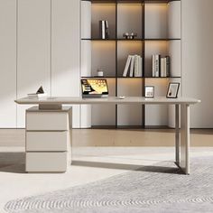 a white desk in front of a book shelf and bookshelf on the wall