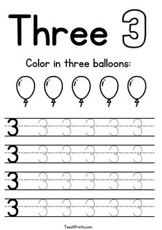 the number three worksheet with balloons and numbers to be used for writing letters