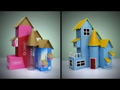 two pictures of the same house made out of cardboard boxes, one is blue and the other is pink