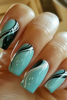 Nail Art With Blue Polish, Navy Blue And Turquoise Nails, Fancy Nails Designs Latest Fashion, Dark Turquoise Nails Designs, Cyan Blue Nails Design, Turquoise And Black Nails, Dark Teal And Black Nails, Turquoise Nail Designs, Elegant Touch Nails