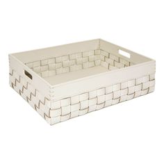 a white rectangular basket with handles