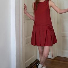 Olivia Mark - Vintage Red Dress with Wide Shoulder Straps, Back Hollow Out Design, Pleated Skirt, and Round Neckline A Line Red Dress, Loose Fit Jumpsuit, Vintage Red Dress, Elegant Dresses Long, Crewneck Dress, Fashion 101, Types Of Skirts, Olivia Mark, A Line Skirt