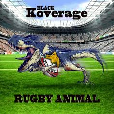 an image of a dinosaur running with a rugby ball in it's mouth at a stadium