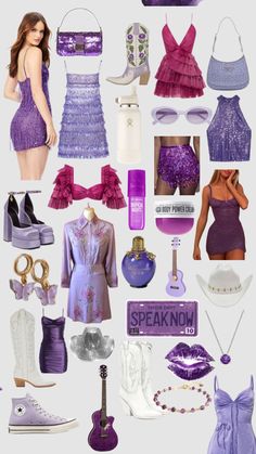 a collage of purple and white items including shoes, bras, dresses, necklaces and purses